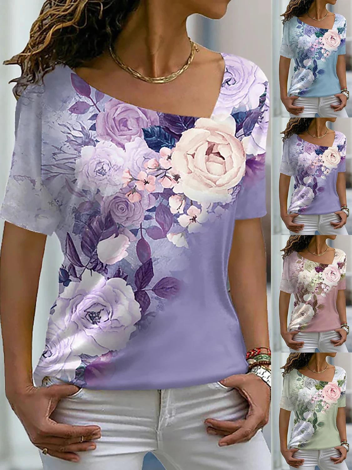 Women's Floral Painting T Shirt Rose Floral Print V Neck Basic Tops Short Sleeve T-shirt XS-8XL/3D Printing