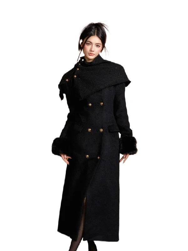 Hurry In warm outerwearDetachable Fur Waist-Fitted Wool Coat & Scarf Set