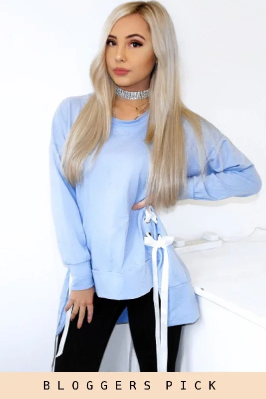 Instant Savings lightweight pulloverBlue Ribbon Lace Up Dipped Hem Jumper - Wilma
