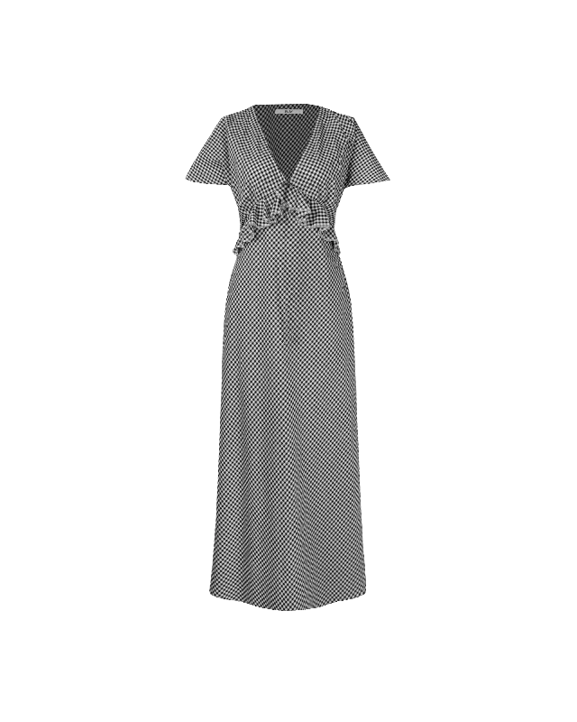 Don't Wait PETAL RUFFLE MIDI DRESS BLACK GINGHAM