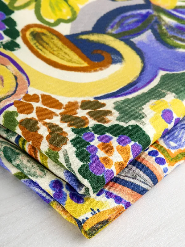 Paisley Flower Print Viscose Twill - Cream + Purple + Green + Orange