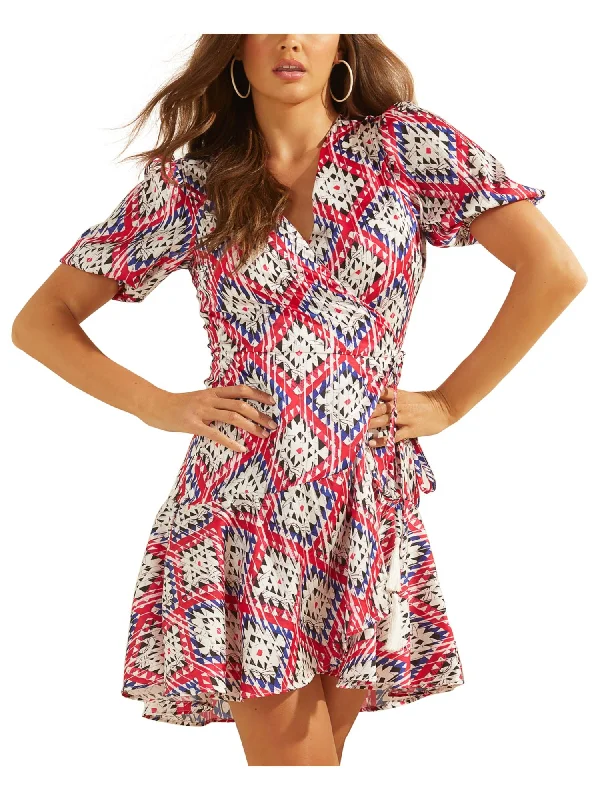 Loyalty Reward GUESS Womens Ruffled Printed Pouf Surplice Neckline Short Faux Wrap Dress Loyalty Reward GUESS Womens Ruffled Printed Pouf Surplice Neckline Short Faux Wrap Dress