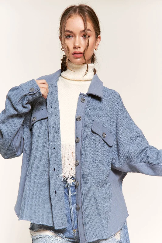 Super Deal padded puffer coatBLUE COLLARED RIBBED KNIT LONG SLEEVES JACKET T8293