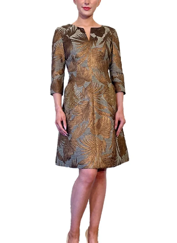 Silk Jacquard Cocktail Dress In Brown