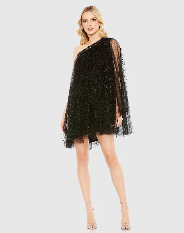 Black One Shoulder Embellished Tulle Mini Dress