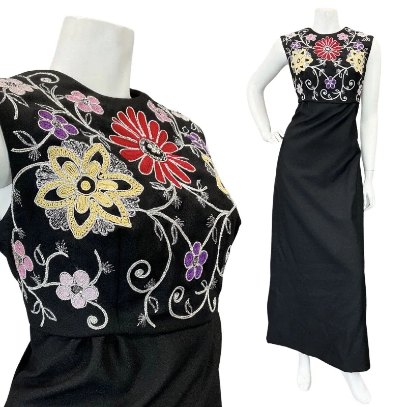 Super Deal VINTAGE 60s 70s BLACK RED SILVER EMBROIDERED FLORAL SLEEVELESS MAXI DRESS 12 Super Deal VINTAGE 60s 70s BLACK RED SILVER EMBROIDERED FLORAL SLEEVELESS MAXI DRESS 12