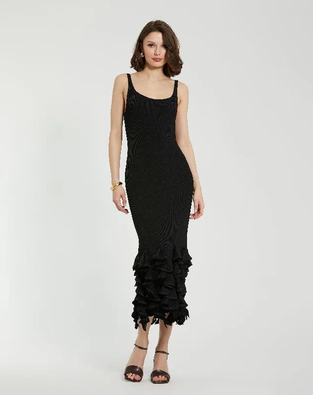 Black Rib Knit Sleeveless Midi Dress With Ruffle Hem