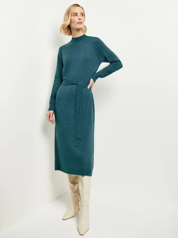 Belted Mock Neck Cashmere Dress