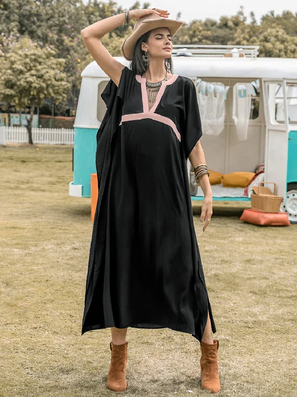 Now or Never casual shift dressContrast Trim Notched Slit Short Sleeve Midi Dress
