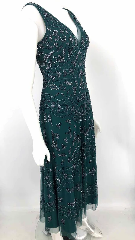 ADRIANNA PAPELL Teal Gunmetal Sequin Trim Maxi Length Size 0  (XS) Dress