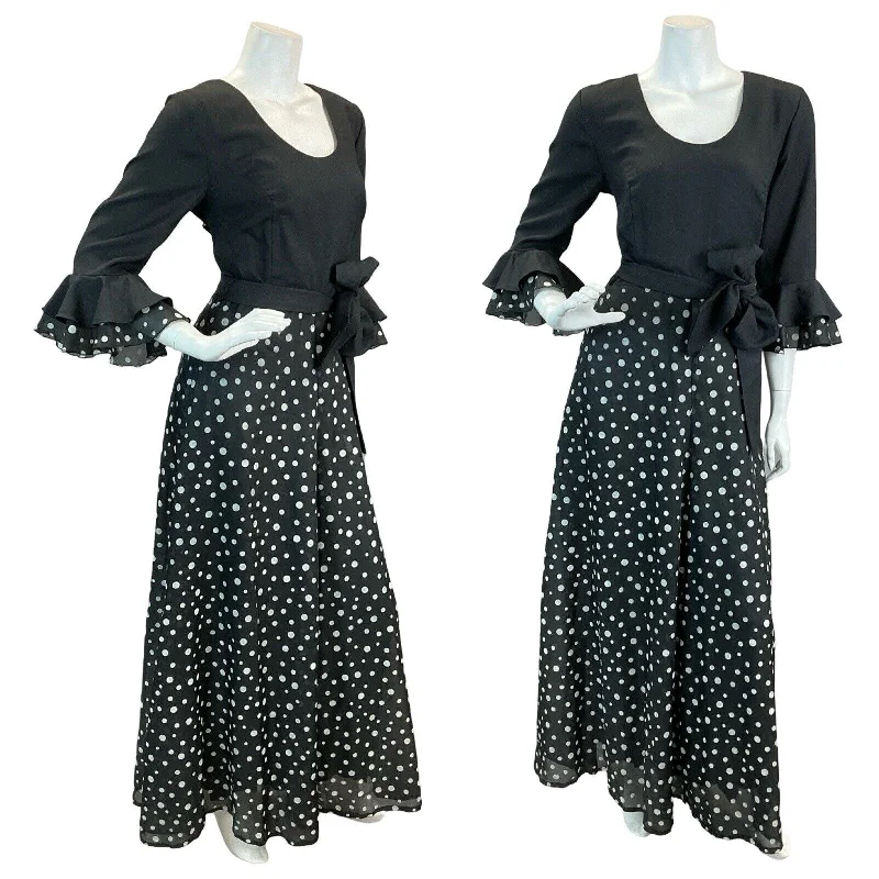 Special Buy VTG 70S POLKA DOT FLAMENCO RUFFLE MAXI DRESS BLACK WHITE 10 12