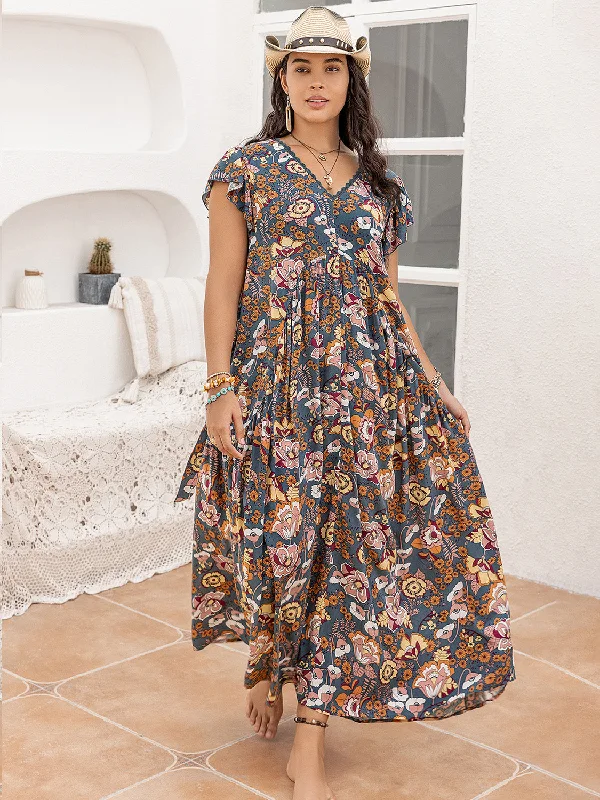 Seasonal Clearance backless dressPlus Size Ruffled Printed Cap Sleeve Dress