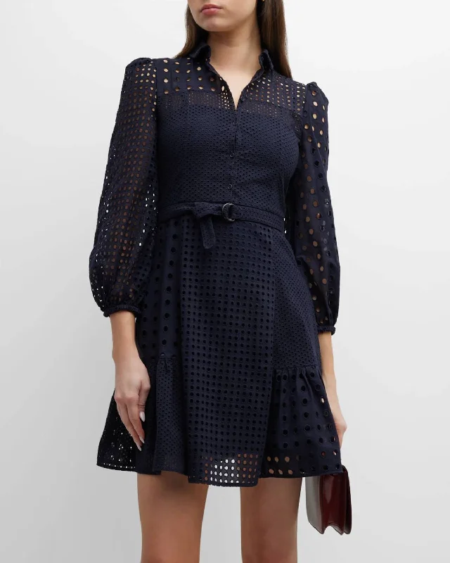 Mega Deal statement dressEyelet Embroidery Patchwork Collar Fit-Flare 3/4 Sleeve Dress In Navy