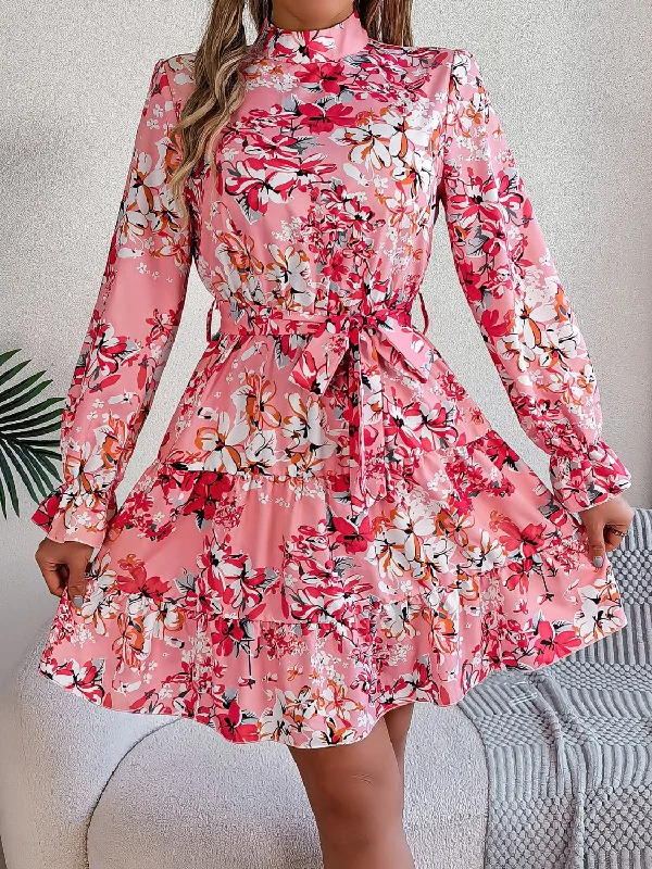 The Best Prices elegant shift dressPrinted Mock Neck Flounce Sleeve Mini Dress