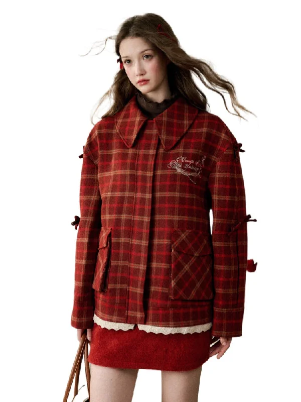 Hurry In fashion coat with hoodCherry Bow Plaid Coat