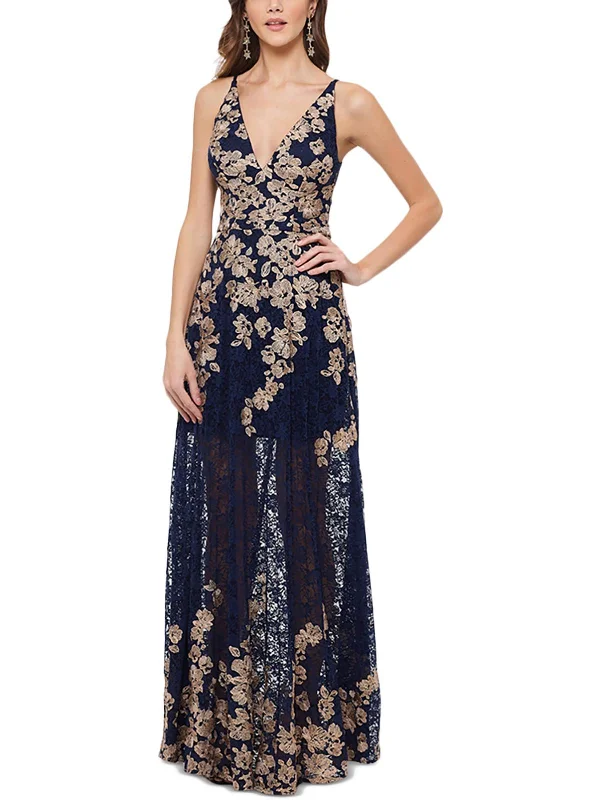 Petites Womens Lace Embroidered Evening Dress