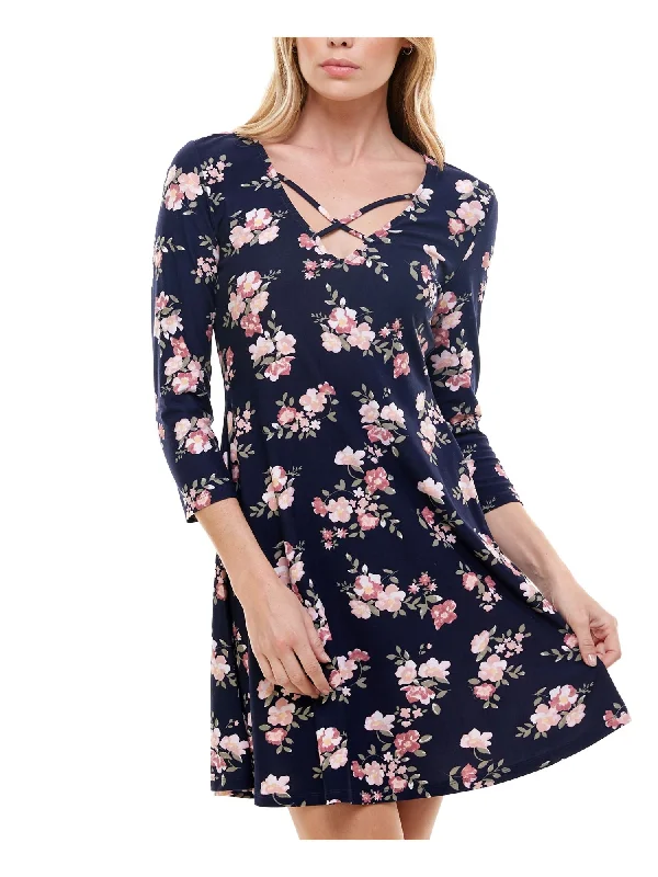 Price Reduction PLANET GOLD Womens Floral 3/4 Sleeve V Neck Short A-Line Dress