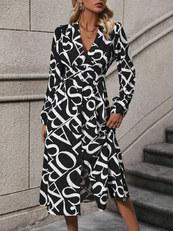 Exclusive Access formal dressPrinted V-Neck Long Sleeve Midi Dress