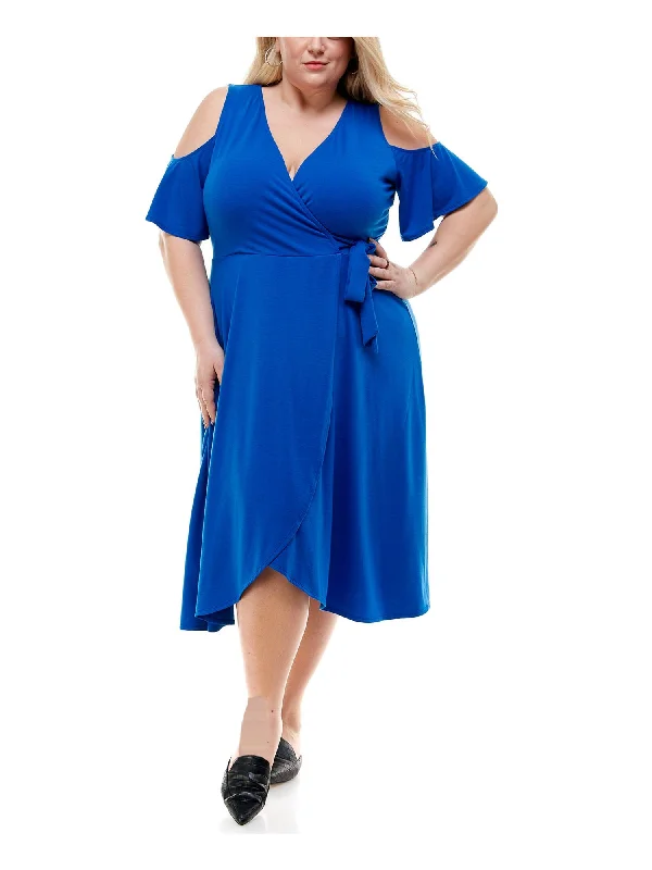 Incredible Offers KINGSTON GREY Womens Cold Shoulder Flutter Sleeve Surplice Neckline Midi Cocktail Fit + Flare Dress
