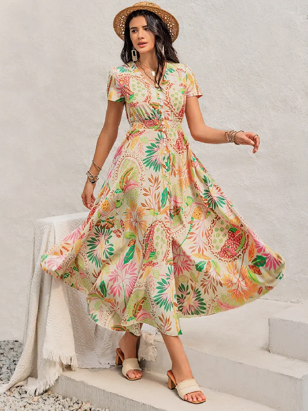 Deal Zone casual summer dressPrinted V-Neck Short Sleeve Midi Dress