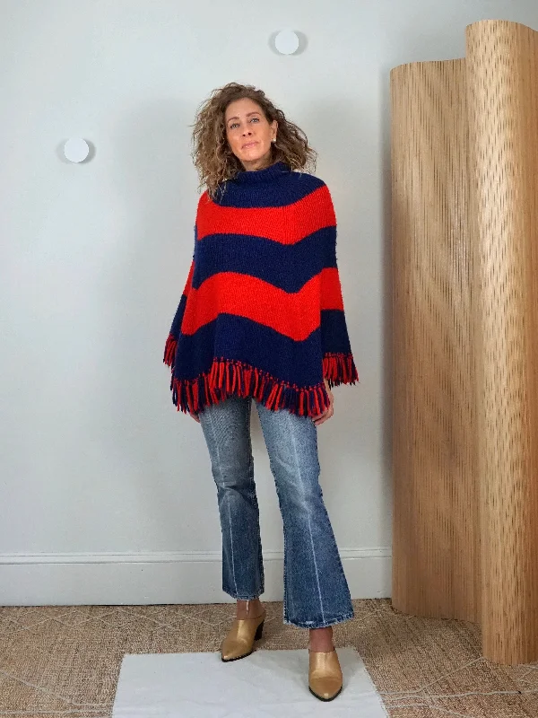 Amazing Deals cozy fleece coat1970's Stripe Fringe Poncho