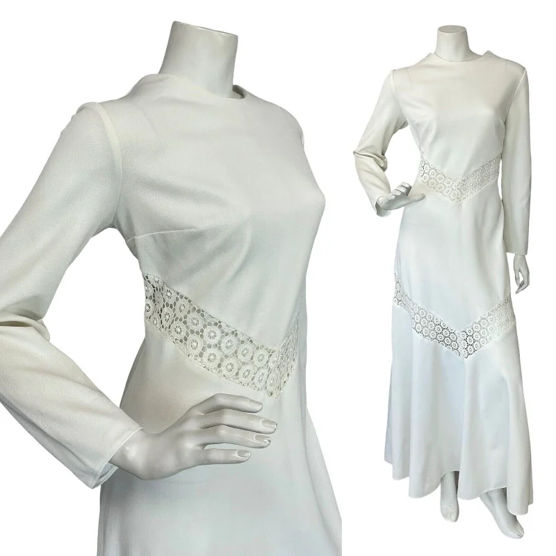 Can't Miss VTG 70S BOHO HIPPY WHITE LACE BRIDAL LONG SLEEVE MAXI DRESS 10 12