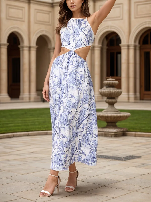 Huge Discounts elegant maxi dressCutout Printed Sleeveless Midi Dress