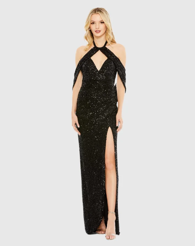 Sequined Draped Sleeveless Keyhole Cowl Back Gown - FINAL SALE