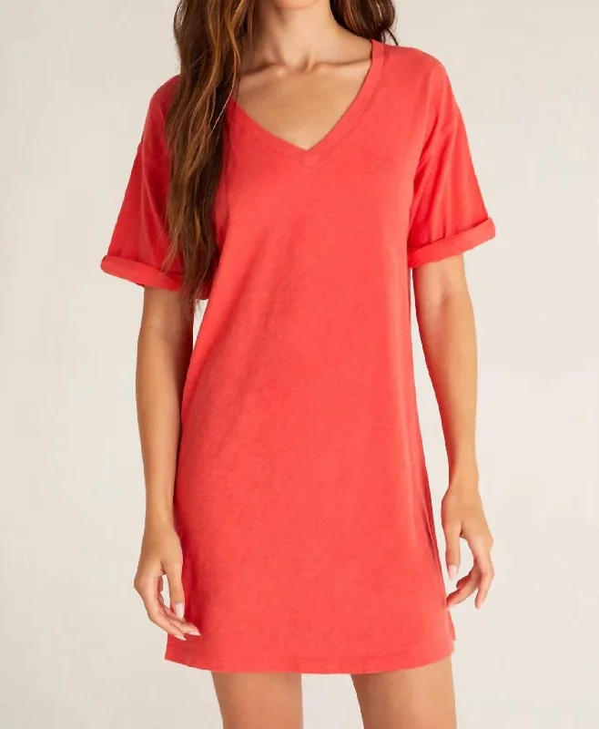 New Markdowns elegant shift dressV-Neck T-Shirt Dress In Coral Red