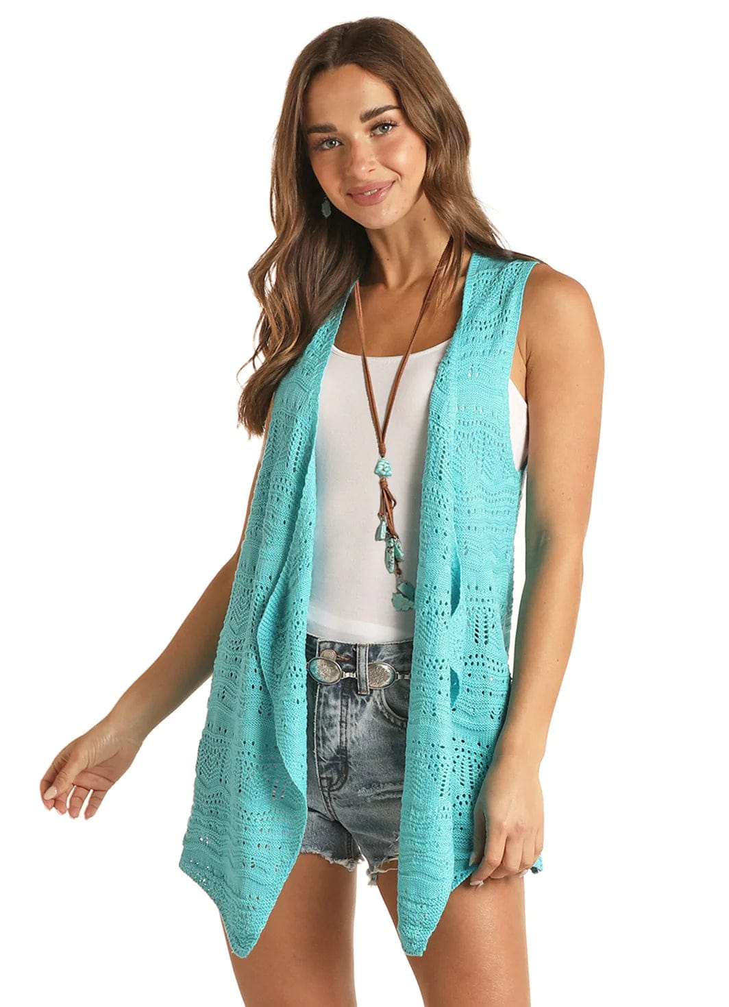 Savings Alert outdoor adventure coatRock & Roll Women's Flyaway Teal Sleeveless Crochet Vest RRWT38RZOK