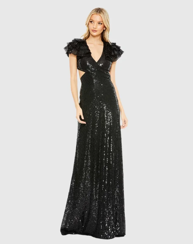 Black Sequined Ruffled Cut Out Lace Up Gown - FINAL SALE