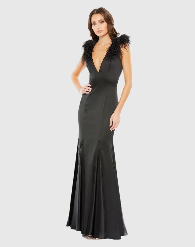 Black Feather Shoulder V-Neck Column Gown