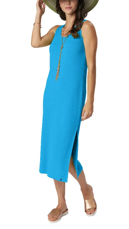 Price Drop floral midi dressBetsy Vertical Rib Knit Sleeveless Mid-calf Sheath Dress; Turquoise
