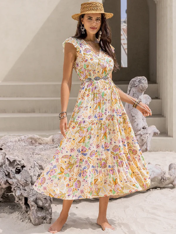 Online Only off-shoulder dressRuched Printed Cap Sleeve Midi Dress