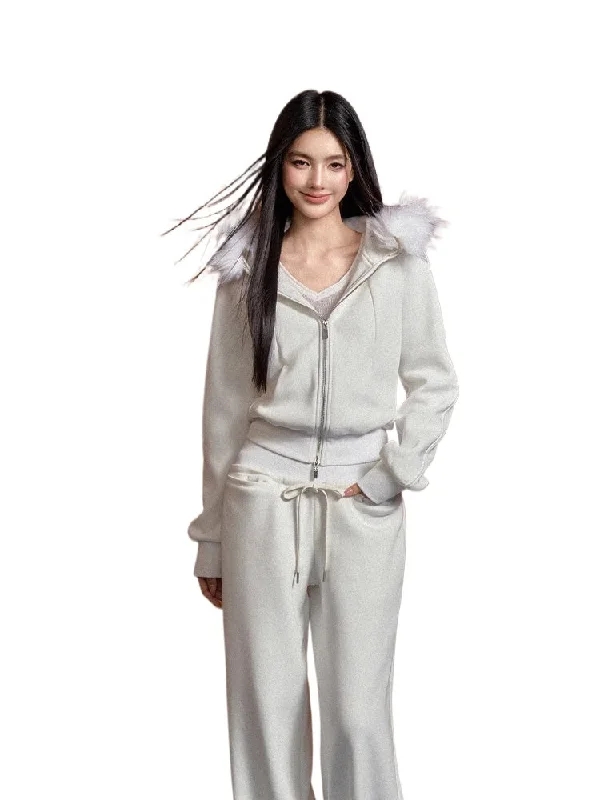 Super Deal zip-up jacketDetachable Fur Collar Hoodie & Pant Set