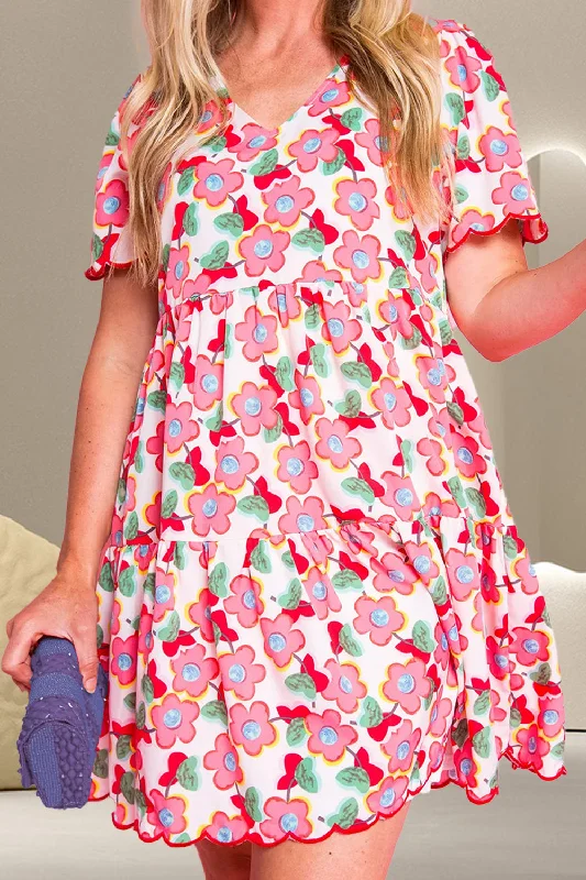 Price Meltdown form-fitting dressScalloped Hem Flower Printed Short Sleeve Dress