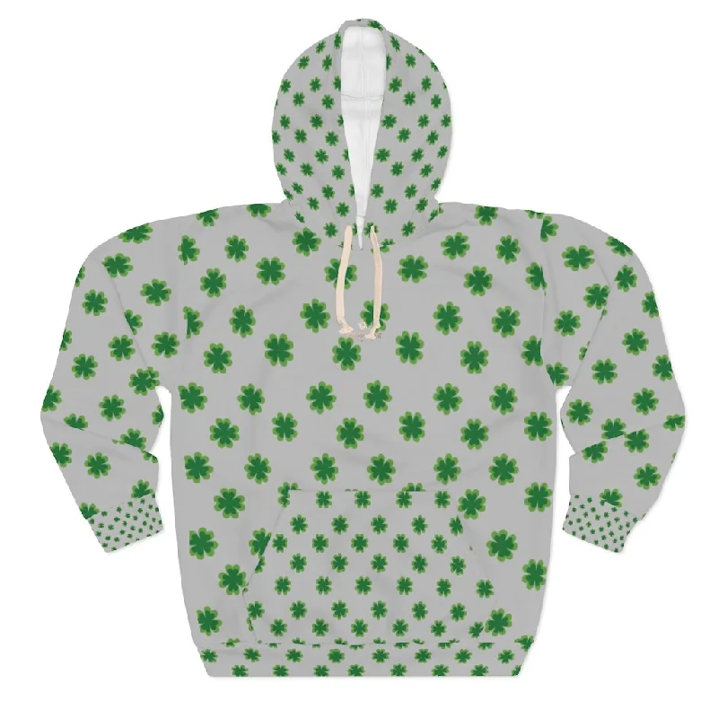 Grey Green Clover Unisex Hoodies, Light Gray Green Clover St. Patrick's Day Unisex Pullover Hoodie For Men/Women- Made in USA