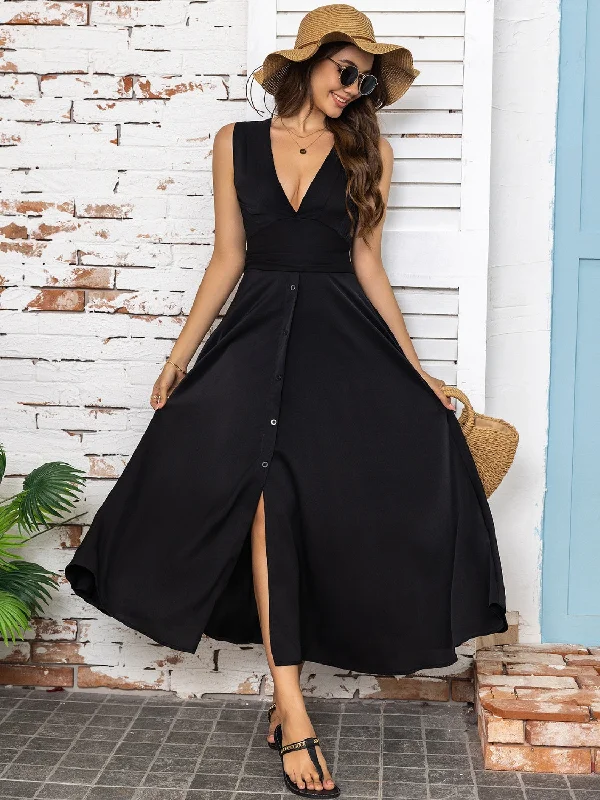 Price Rollback summer floral dressFull Size Slit V-Neck Sleeveless Midi Dress