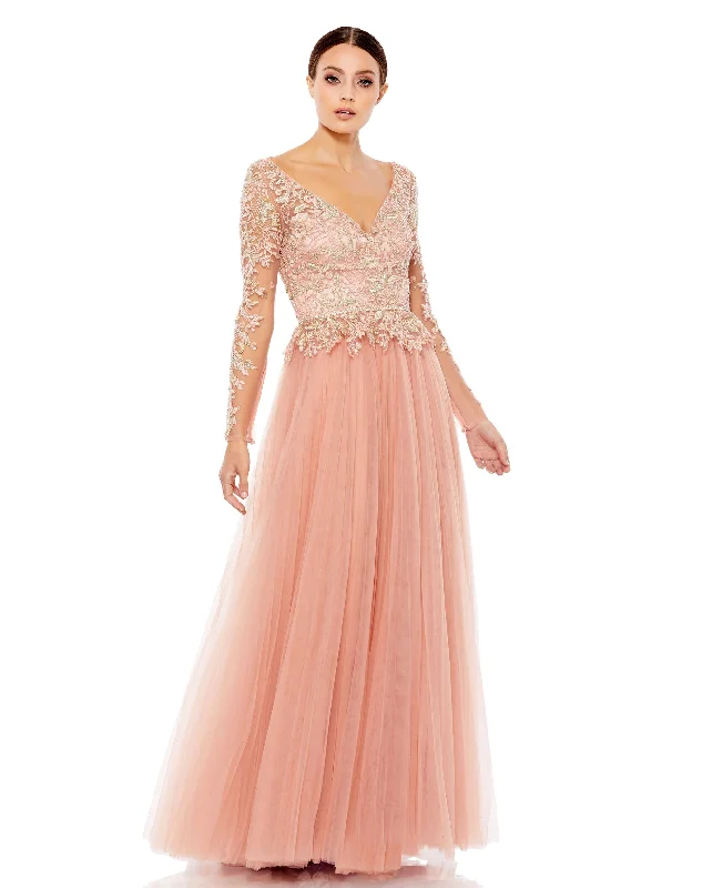 Price Reduction party-ready dressLace Illusion Long Sleeve Sweetheart Neck Gown