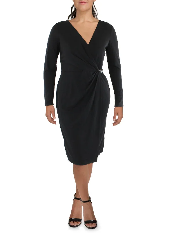 Womens Embellished Faux-Wrap Cocktail and Party Dress