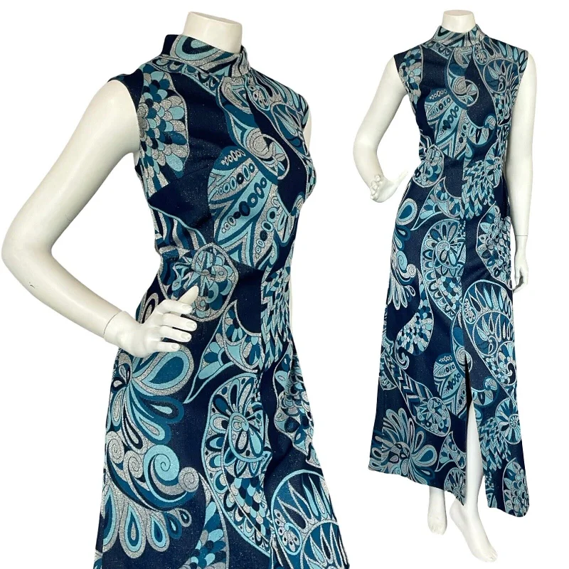 YEAR-End Sale VTG 60S BLUE NAVY SILVER PAISLEY PSYCHEDELIC PARTY SPARKLY MAXI DRESS M 12 14