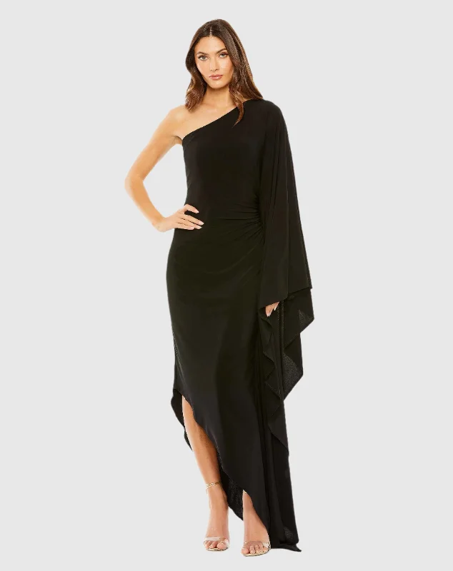 Black One Shoulder Cape Sleeve Ruched Detail Jersey Gown