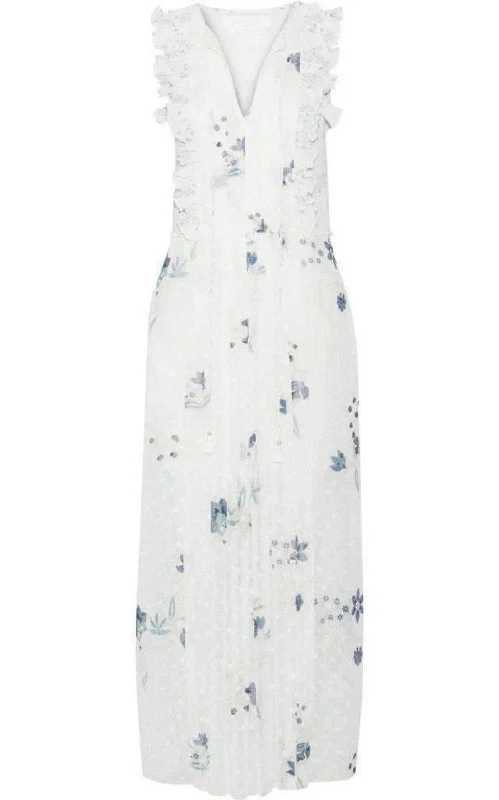 Limited Availability elegant shift dressRuffle Trimmed Printed Fil Coupe Maxi Dress