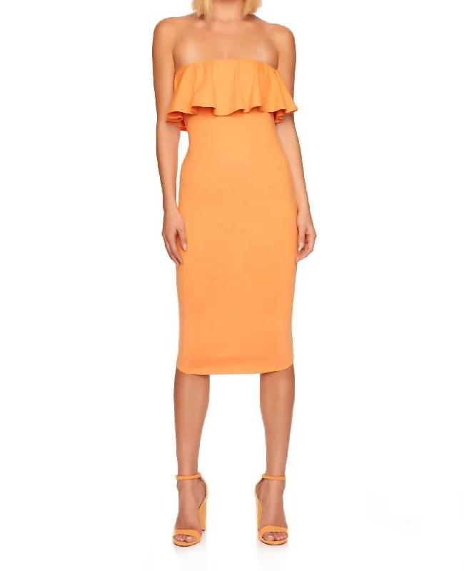 Online Only satin midi dressStrapless Ruffle Dress In Peach