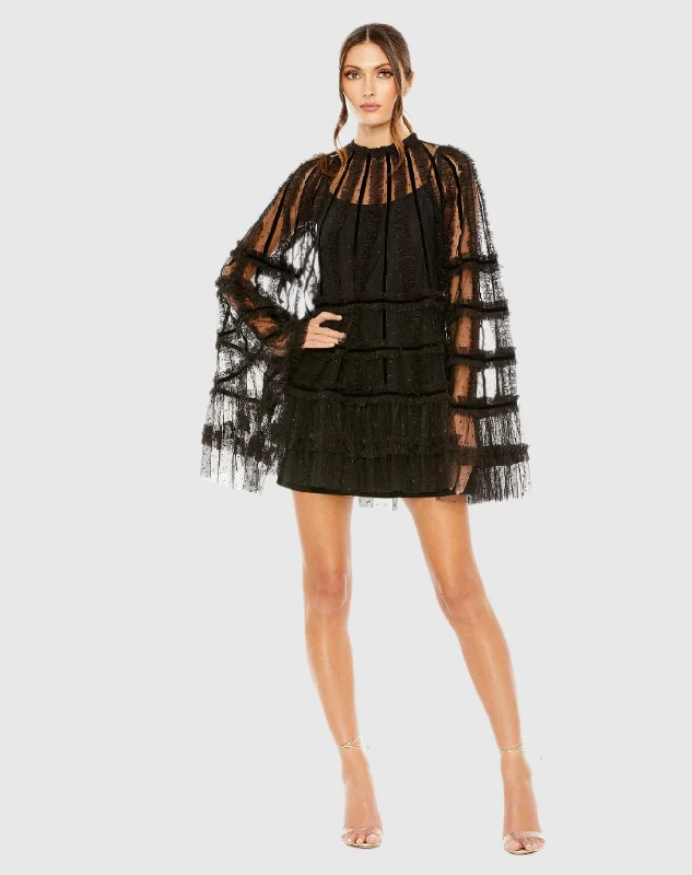 Black High Neck Ruffle Bell Sleeve Trapeze Dress