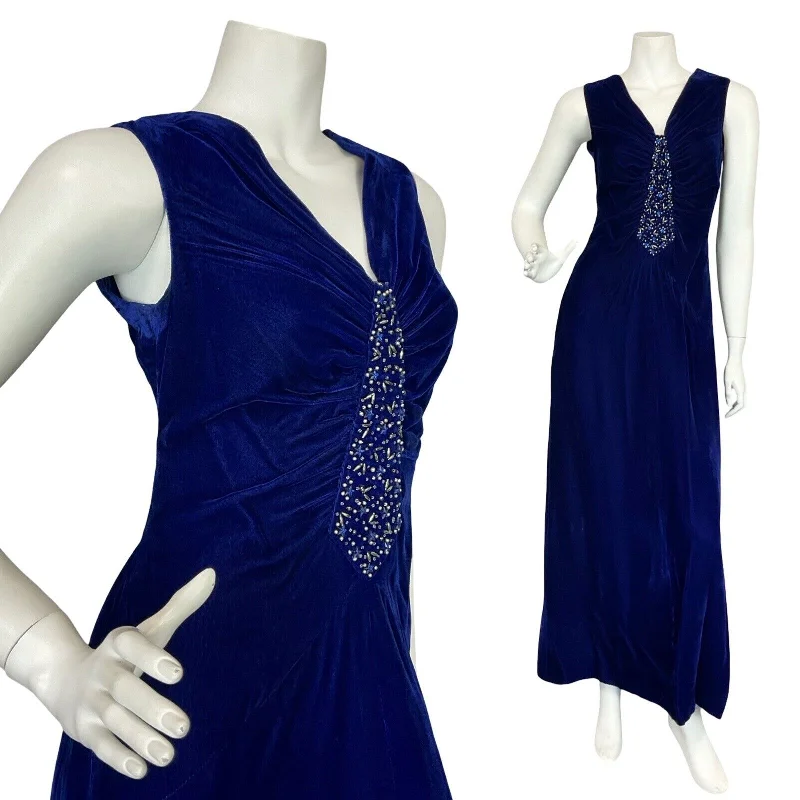 Special Discount VTG 70S NAVY BLUE VELVET WHIMSIGOTH CELESTIAL BEADED EVENING MAXI DRESS S 8 10