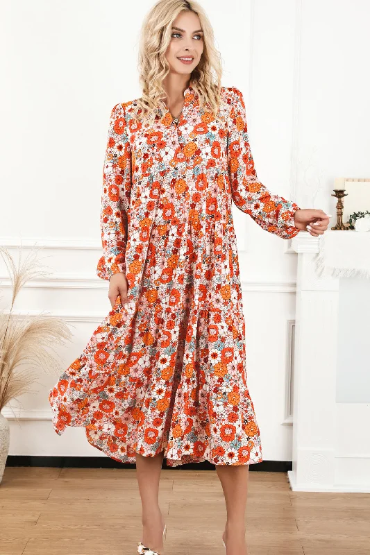 Now or Never pleated dressFloral Notched Neck Long Sleeve Dress