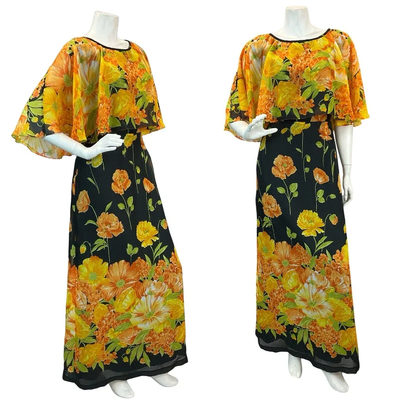 Bargain Bin VTG 60s 70s CAPE SLEEVE ORANGE YELLOW GREEN BLACK FLORAL MAXI DRESS 10 12 Bargain Bin VTG 60s 70s CAPE SLEEVE ORANGE YELLOW GREEN BLACK FLORAL MAXI DRESS 10 12