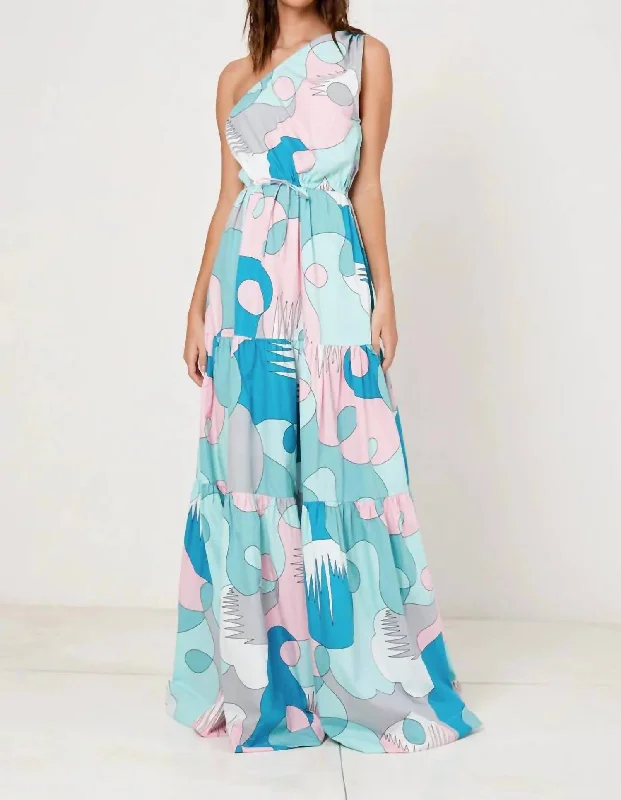 Reduced Prices vintage dressOne Shoulder Tiered Maxi Dress In Palm Springs