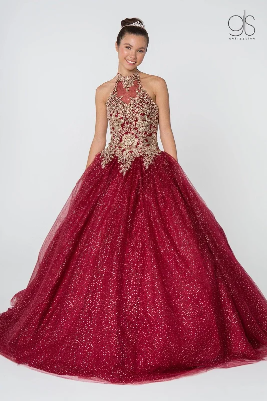 Overstock long sleeve dressHalter Ball Gown Glitter Skirt Quinceanera Long Dress